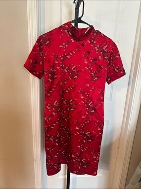Red Floral Satin Cheongsam Style Dress